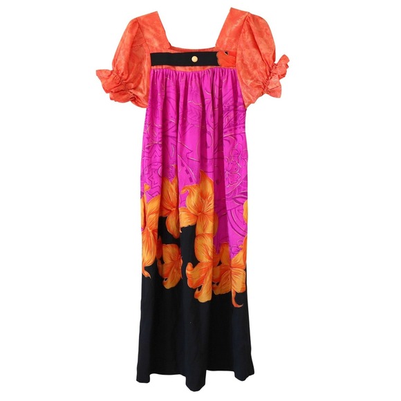 Dresses & Skirts - Vintage Handsewn Micronesian Dress Floral Orange Pink Square Neck Puff Sleeve